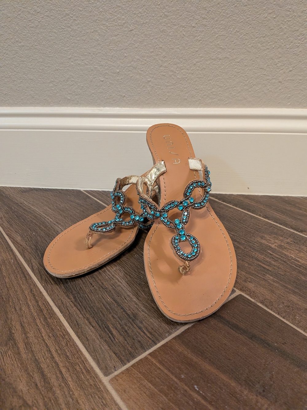Unisa wedge sandals with rhinestone embellishment, size 9-1/2